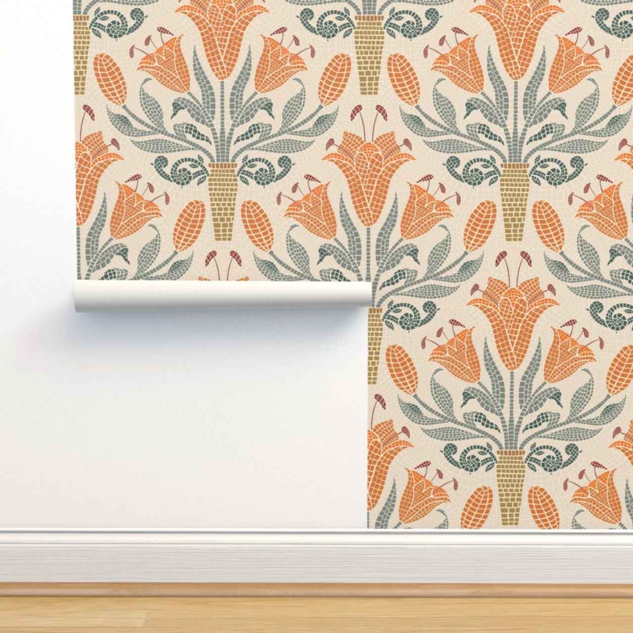 Floral Orange Mosaic Tile Lily Roman Botanical Damask Meadow Large Scale Custom Removable Wallpaper by Spoonflower Peel & Stick Wallpaper 2FT Wide